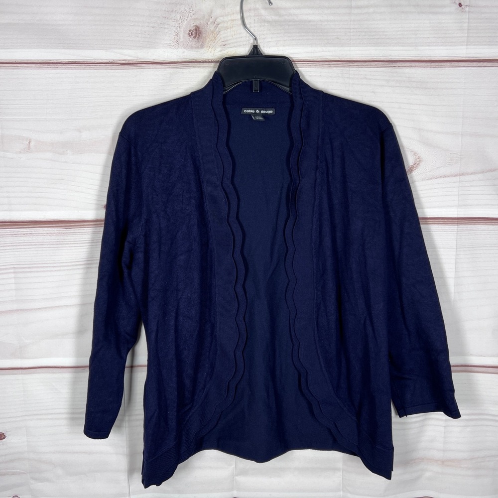 Cable & Gauge Cardigan Women L Navy Scalloped Trim Rayon Blend Sweater Office